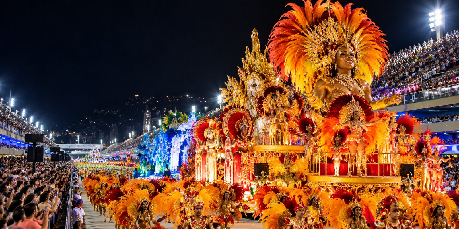 Elaborate samba school floats and performers in the Rio de Janeiro Sambadrome