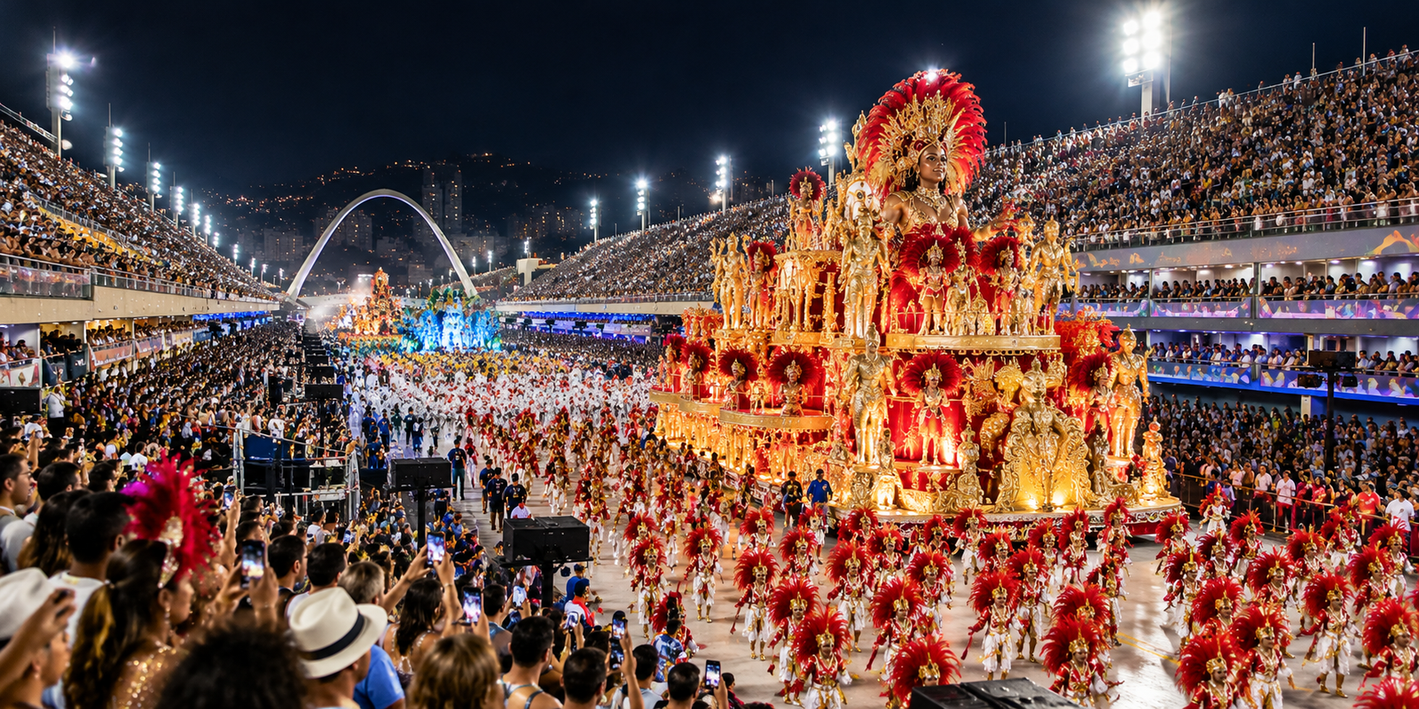 Rio de Janeiro Sambadrome with samba school parade floats, performers and spectators
