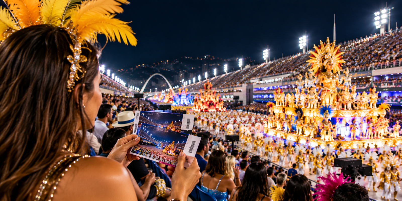 Spectators watching colorful samba school floats from Rio Carnival Sambadrome grandstands