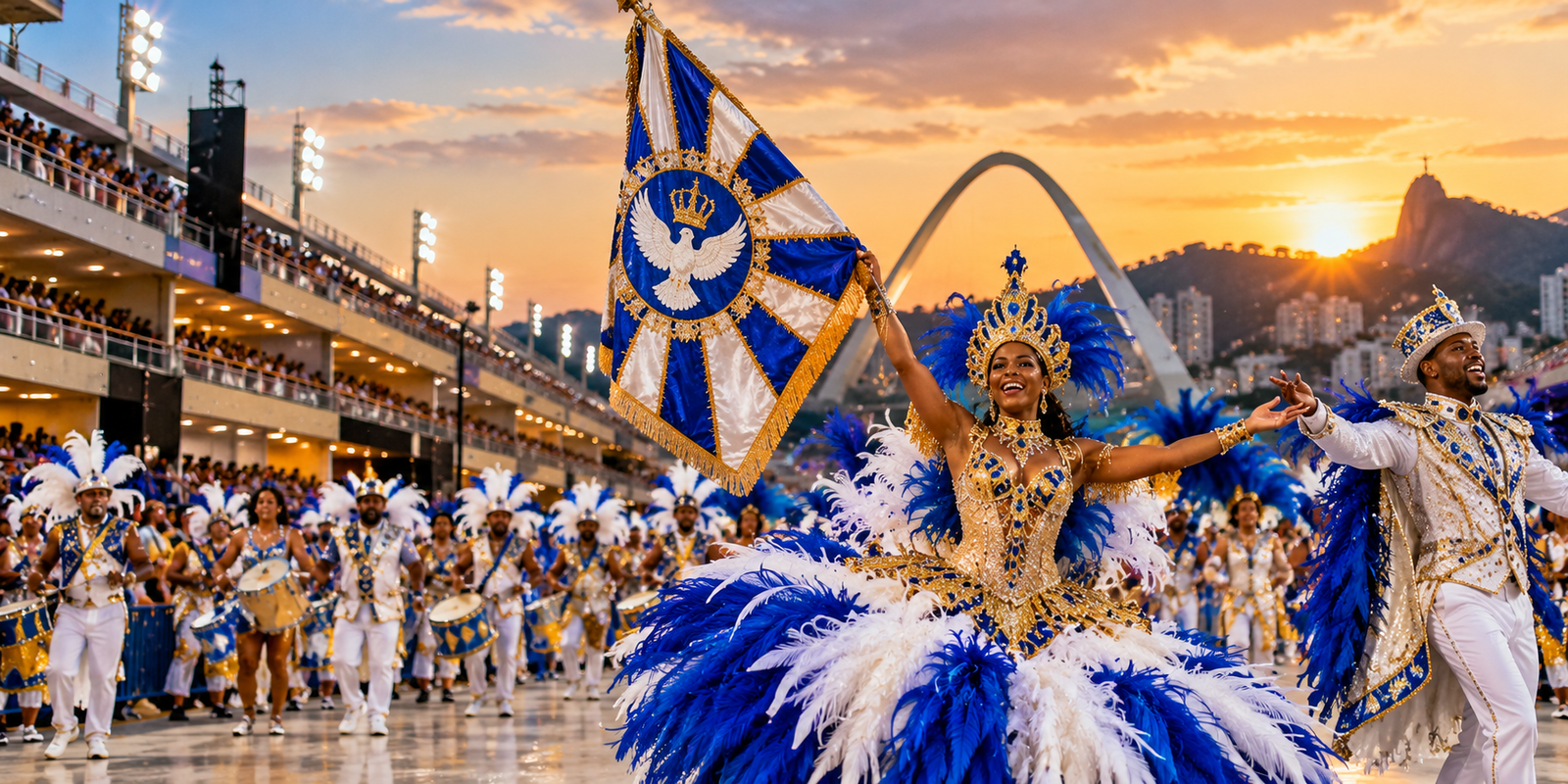 Rio de Janeiro samba school performers and percussion musicians celebrating Carnival