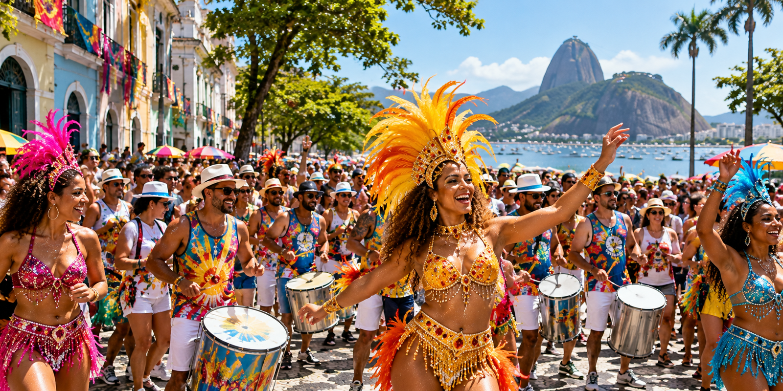 Rio de Janeiro street Carnival bloco with musicians, costumes and revelers celebrating outdoors