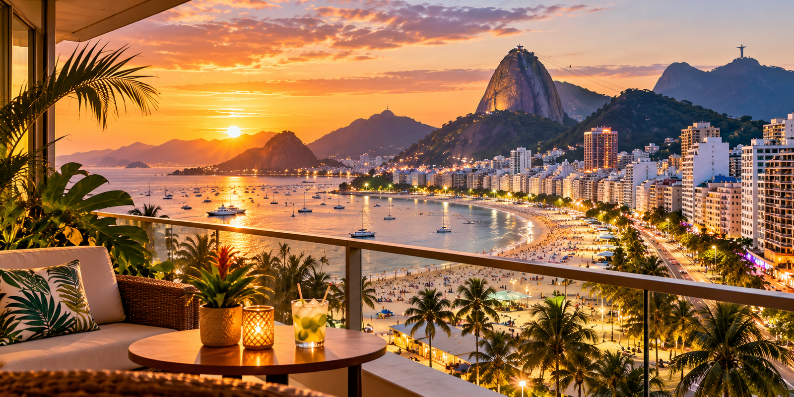Panoramic view over Rio de Janeiro's Copacabana beachfront, hotels and surrounding mountains