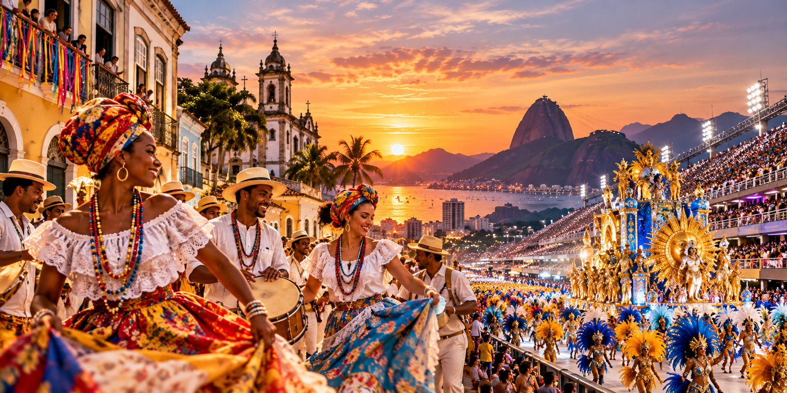 Rio Carnival samba school parade with colorful costumes, decorated floats and traditional samba performers