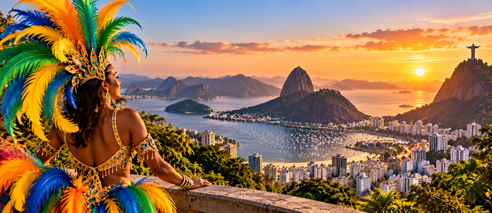 Rio de Janeiro Carnival parade with colorful samba performers and spectators at the Sambadrome